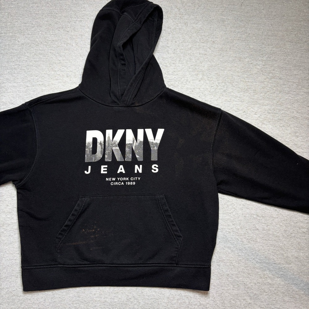 DKNY Jeans Womens Hoodie Size M Black NYC Graphic Pullover Sweatshirt Streetwear